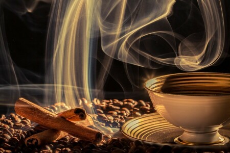 커피, 컵, 음주, 곡물, 받침 접시, 연기