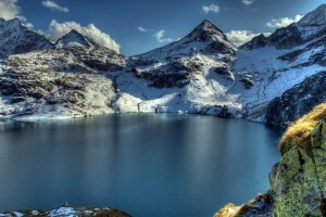 ทะเลสาป, ภูเขา, ภาพถ่าย, โขดหิน, หิมะ, ฤดูหนาว