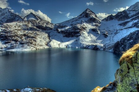湖, 山, 写真, 岩, 雪, 冬