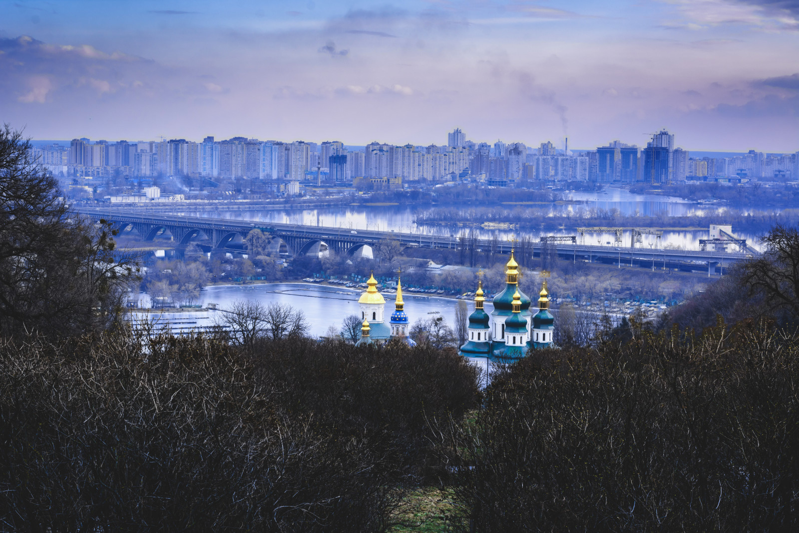 musim dingin, Jembatan, Taman, Ukraina, kubah, Kiev, biara, Dnepr