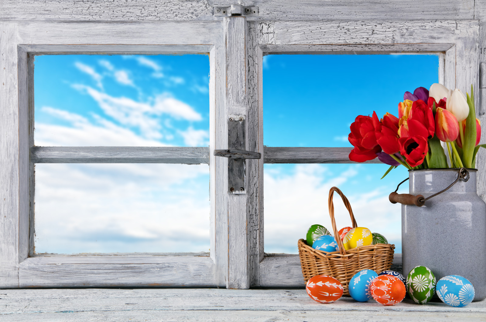 장식, 달걀, 행복, 꽃들, 봄, 튤립, 창문, 부활절