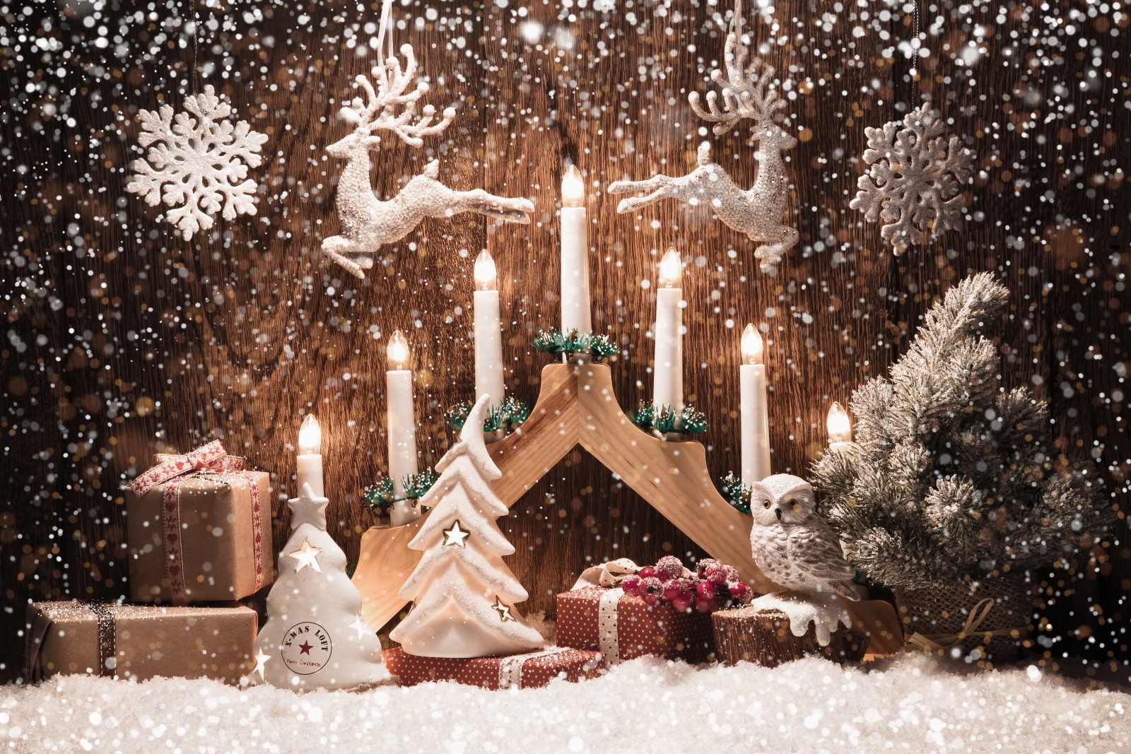 雪片, メリークリスマス, おもちゃ, ろうそく, 鹿