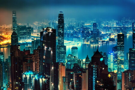 Cityscape, lampu, malam, panorama, refleksi, gedung pencakar langit, kota