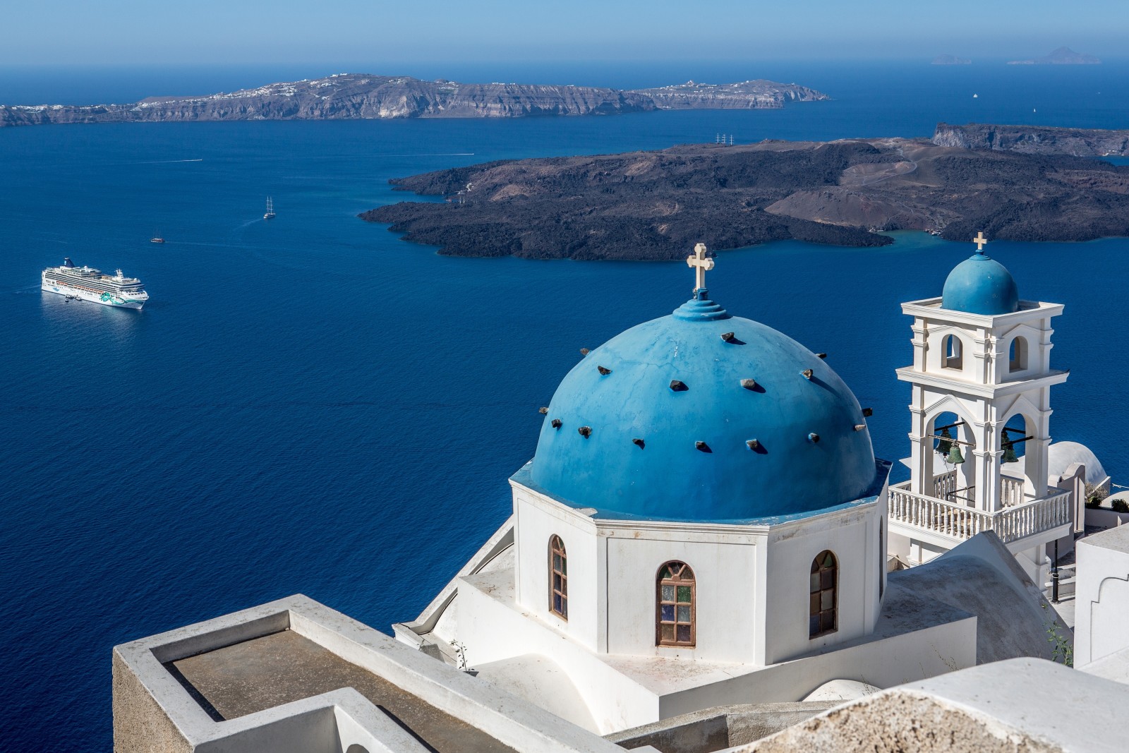 laut, Gereja, kubah, menara lonceng, Liner, Yunani, Santorini, Kepulauan