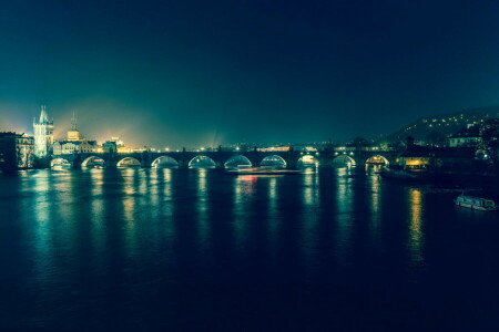 ブリッジ, チェコ共和国, ライト, 夜, プラハ, 川