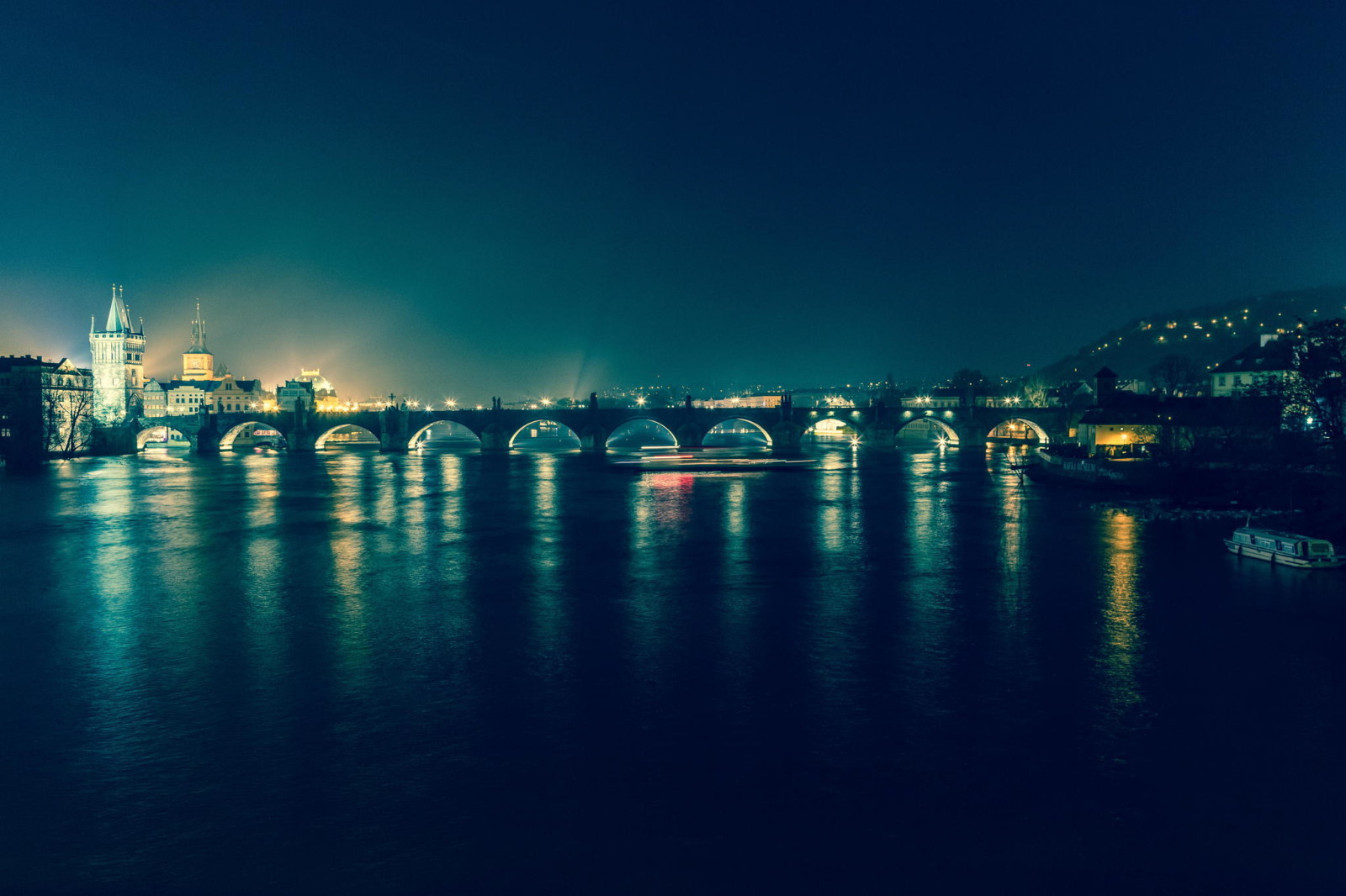 河, 灯, 晚, 桥, 布拉格, 捷克共和国