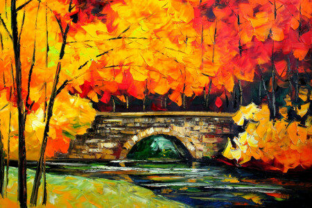 秋, ブリッジ, 風景, 葉, 画像, 川, 木