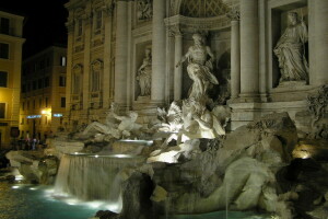 air mancur, rumah, Italia, lampu, Roma, patung, malam, Trevi