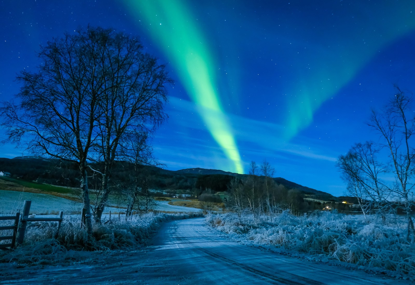 langit, musim dingin, jalan, pohon, Norway, Cahaya utara, Troms, Koford