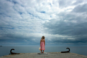 con gái, bờ biển, bầu trời
