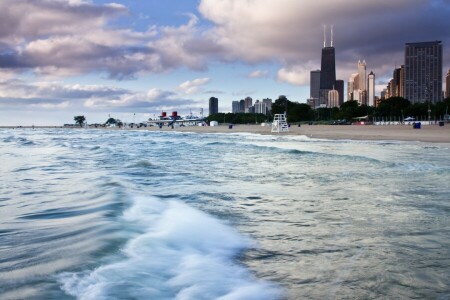 미국, 바닷가, 시카고, 일, 모래, 육지, 고층 빌딩, 미국