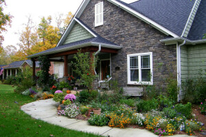 가을. 집, 꽃들, 잔디, 잔디, 맨션, 덤불, 과정