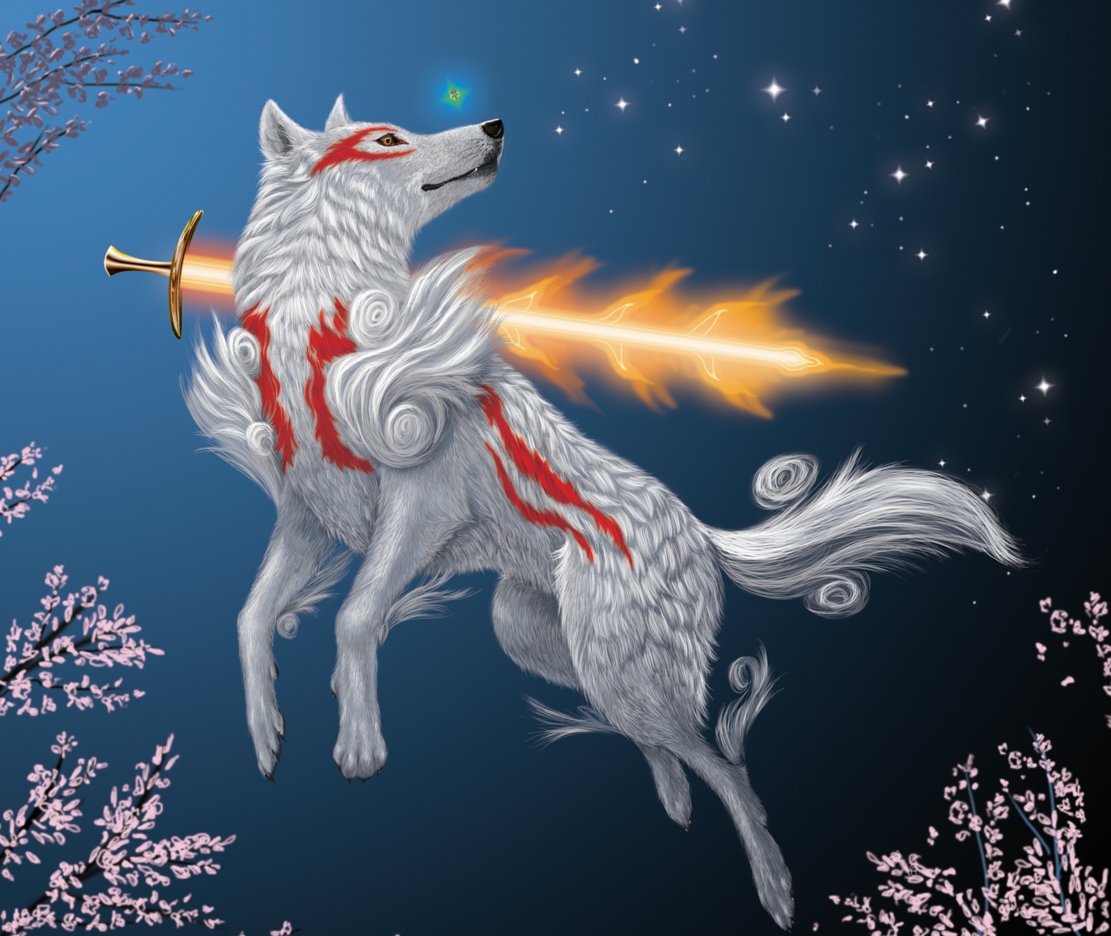 nghệ thuật, thanh kiếm, ngọn lửa, chó sói, Hoa anh đào, Okami