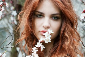 소녀, 녹색 눈, 머리, 보기, 봄, 나뭇 가지