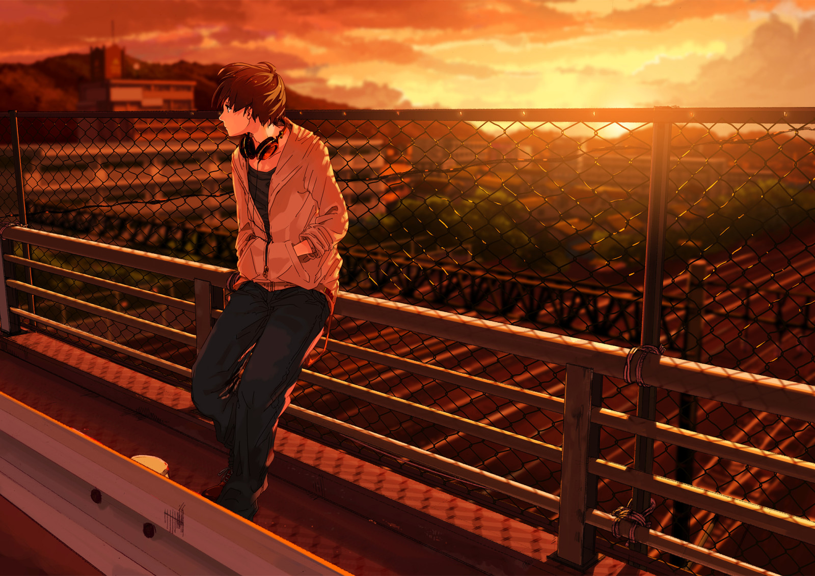 matahari terbenam, jalan, seni, Jembatan, anime, Headphone, pagar, orang