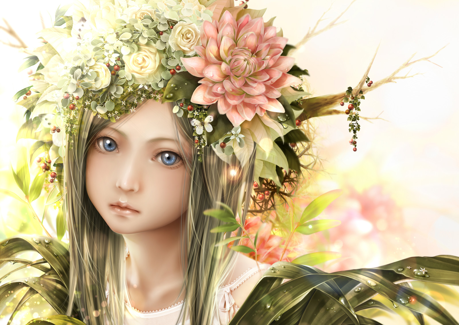 wajah, gadis, bunga-bunga, seni, cabang, tetes, anime, bouno satoshi