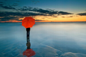 乌云, 冻海, 地平线, 人, 红伞, 日落, 雨伞