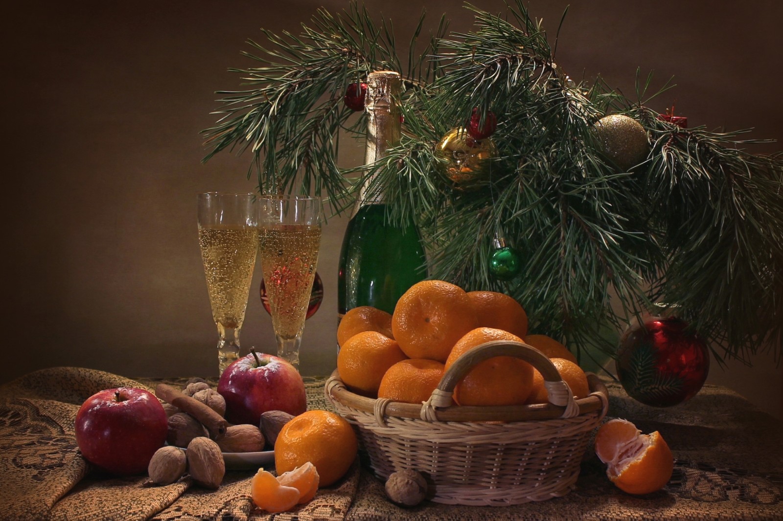 静物, 假日, 松树, 眼镜, 苹果, 肉桂, 香槟酒, 坚果