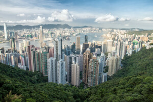 香港, 山, パノラマ, 超高層ビル, 都市