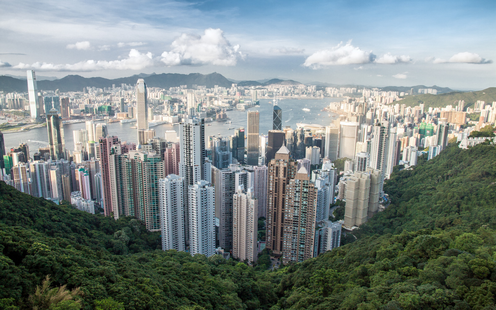 都市, 山, 超高層ビル, パノラマ, 香港