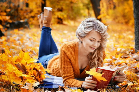 가을, 책, 잎, 소녀