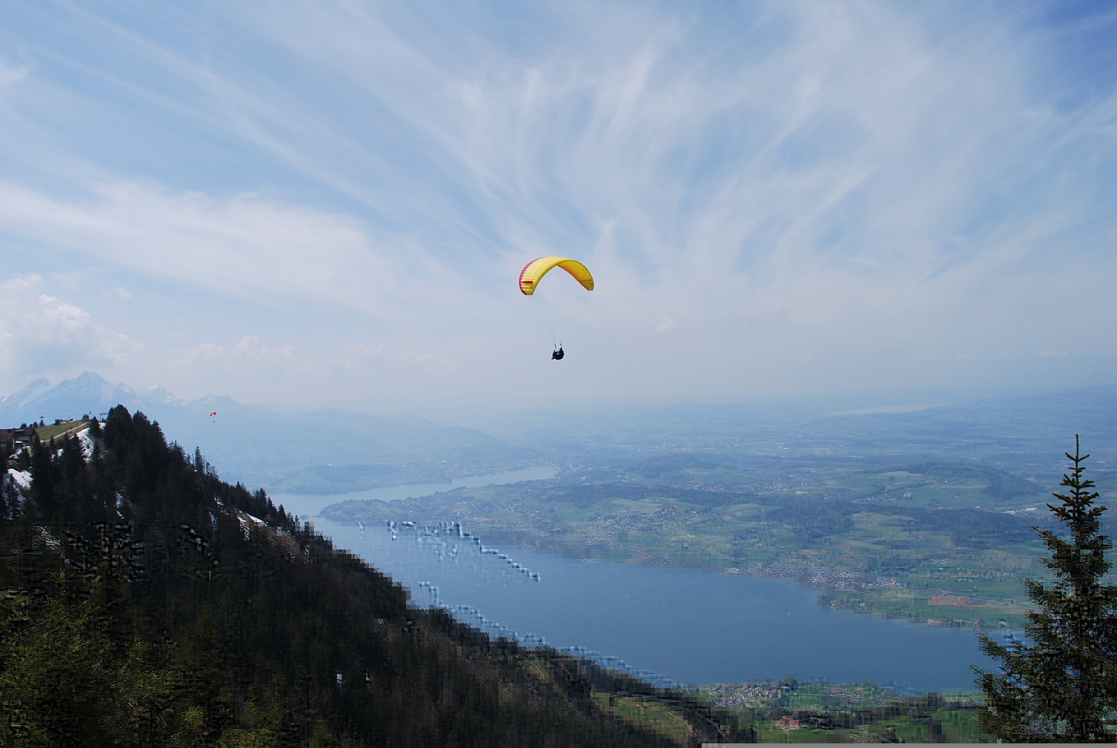 河, 瑞士, 山脉, 全景图, 滑翔伞, 平淡