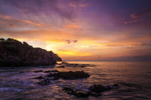 ビーチ, 夜明け, メキシコ, 岩, 海