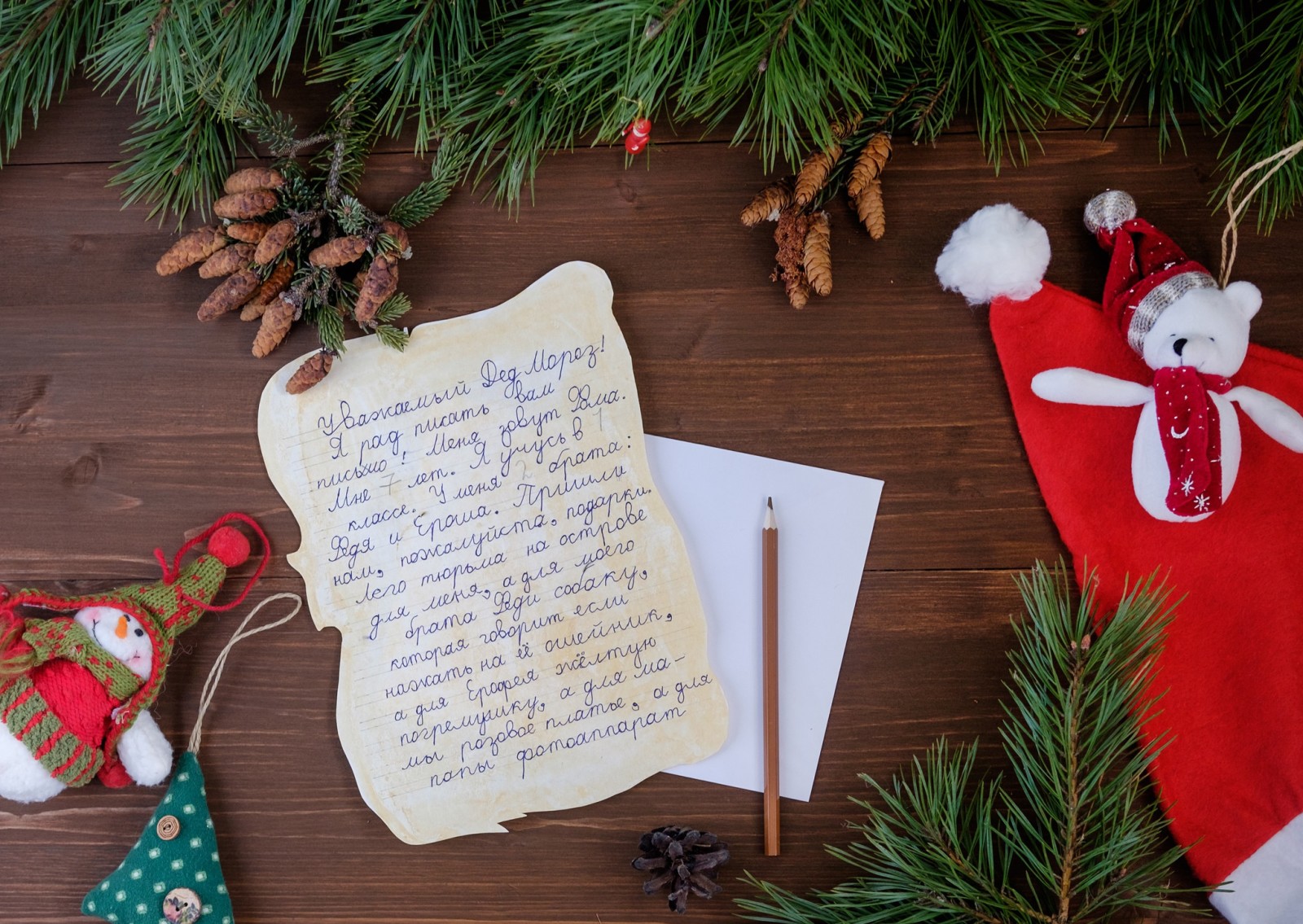 Tahun baru, cabang pohon cemara, liburan, topi, dekorasi, sepucuk surat untuk Santa Claus, Karandash