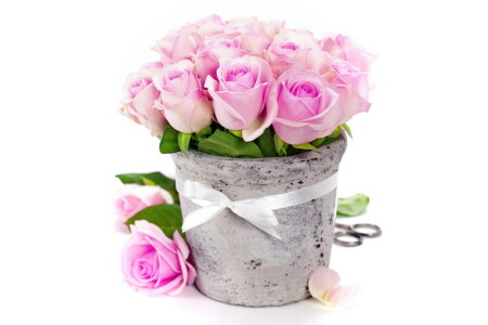 花束, フラワーズ, ピンク, リボン, ロマンチック, バラ, 花瓶