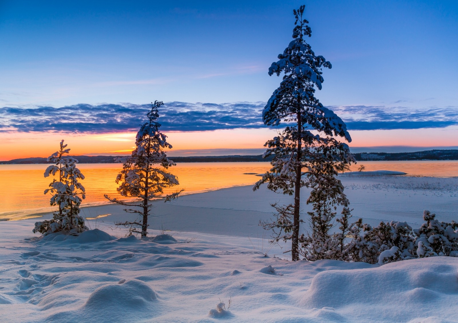 salju, danau, matahari terbenam, musim dingin, pohon, Swedia, Varmland County, Värmland