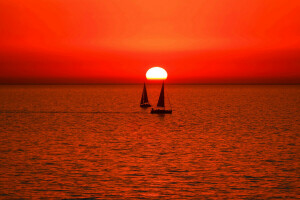 ボート, 帆, 海, 日没, 空, 太陽, ヨット