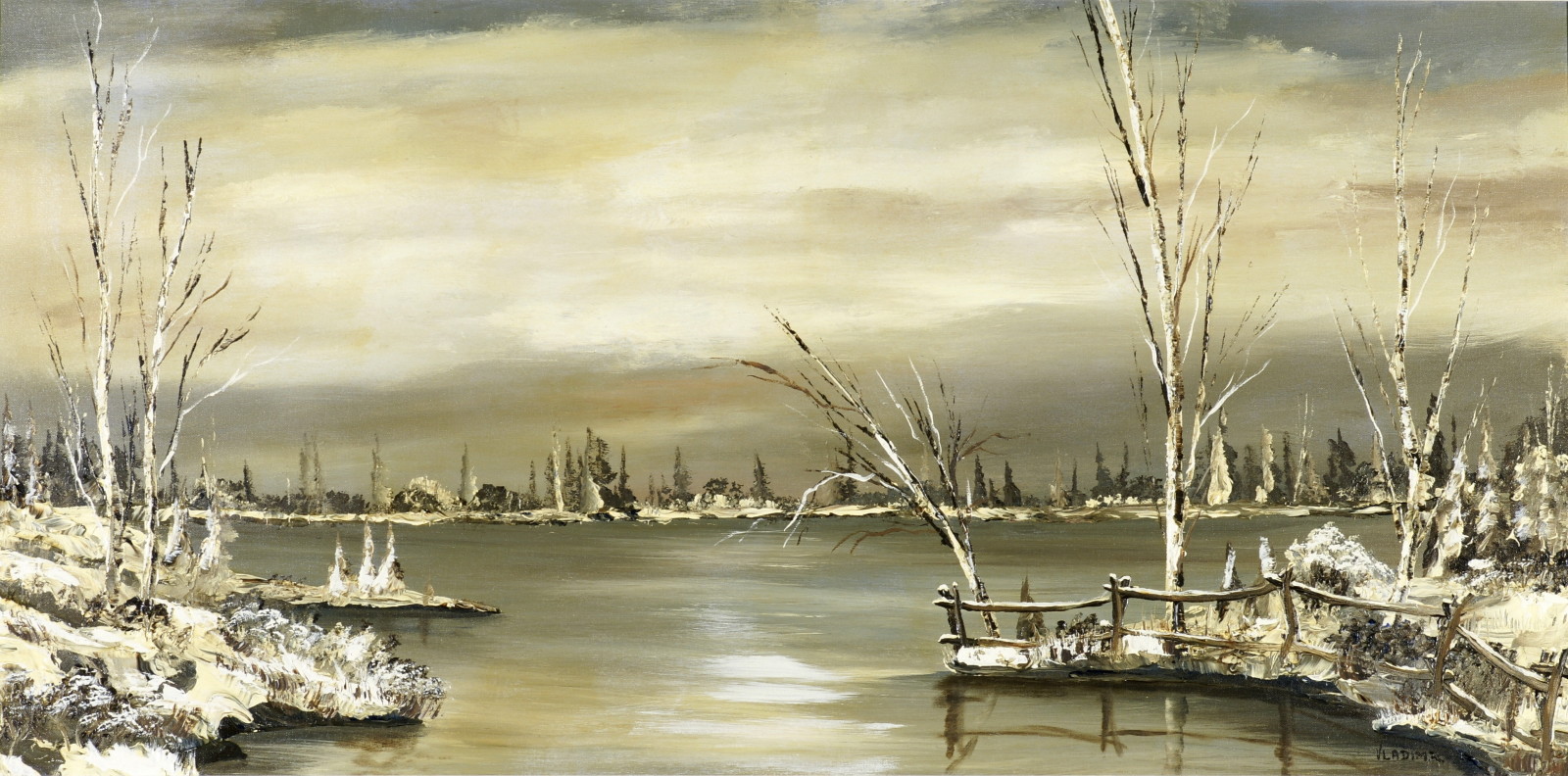 sungai, musim dingin, pemandangan, pohon, minyak, kanvas, Ovchinnikov Vladimir Ivanovich