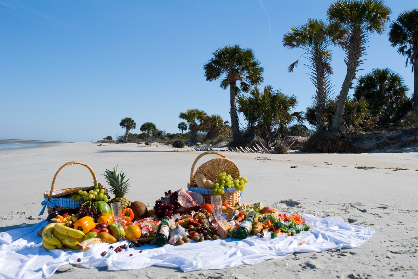 정물, 바닷가, 음식, 사진, 모래, 바구니, 야자수, 과일