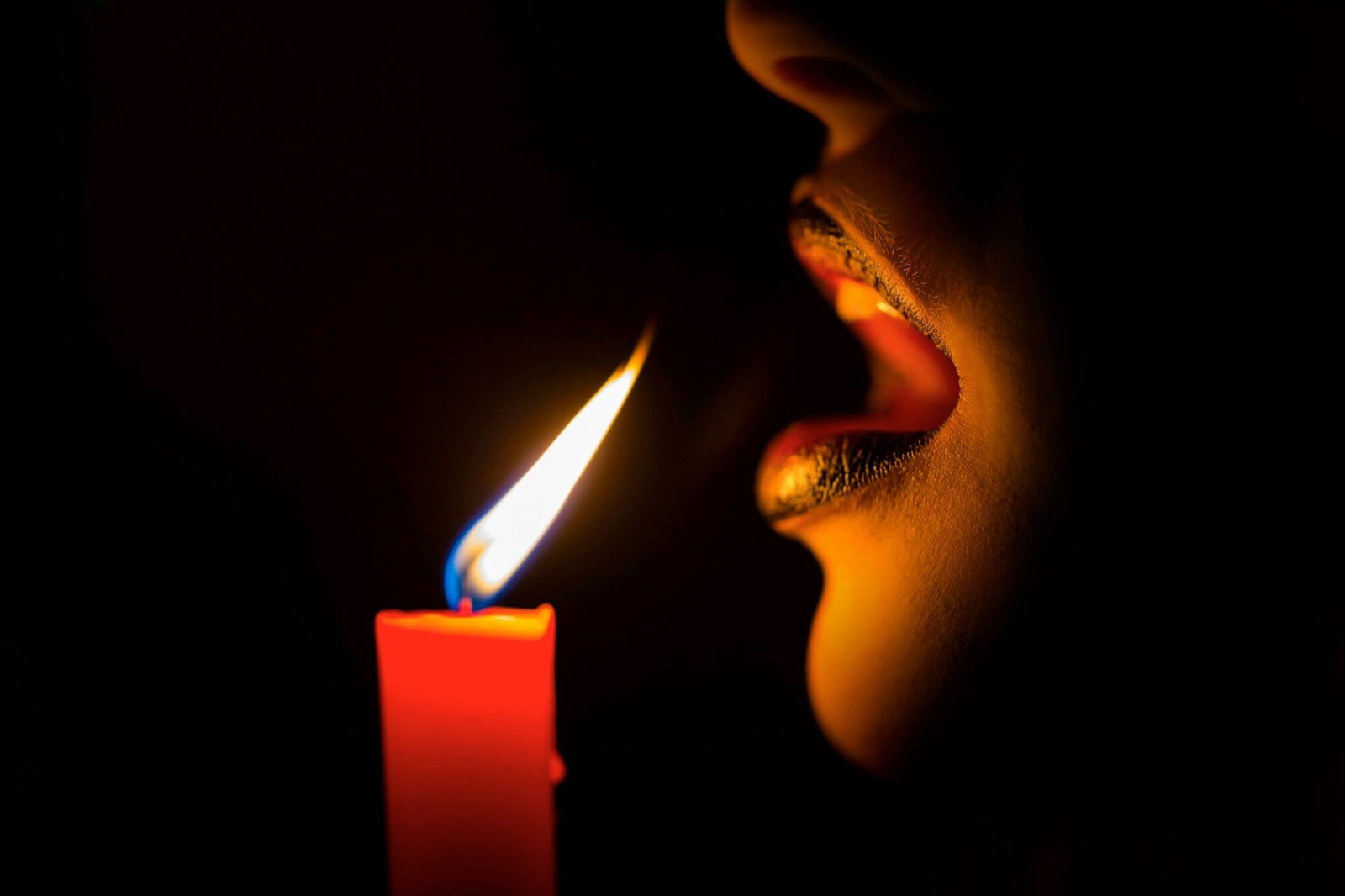 bibir, kegelapan, api, lilin, nafas
