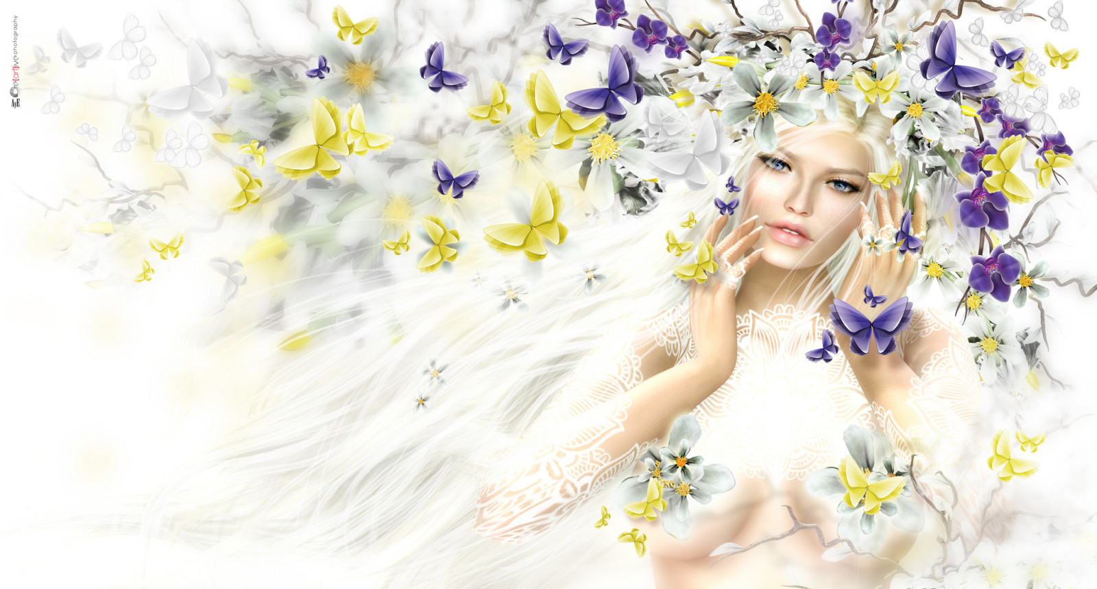 con gái, BƯƠM BƯỚM, vàng, những bông hoa, mùa xuân, tóc, vòng hoa