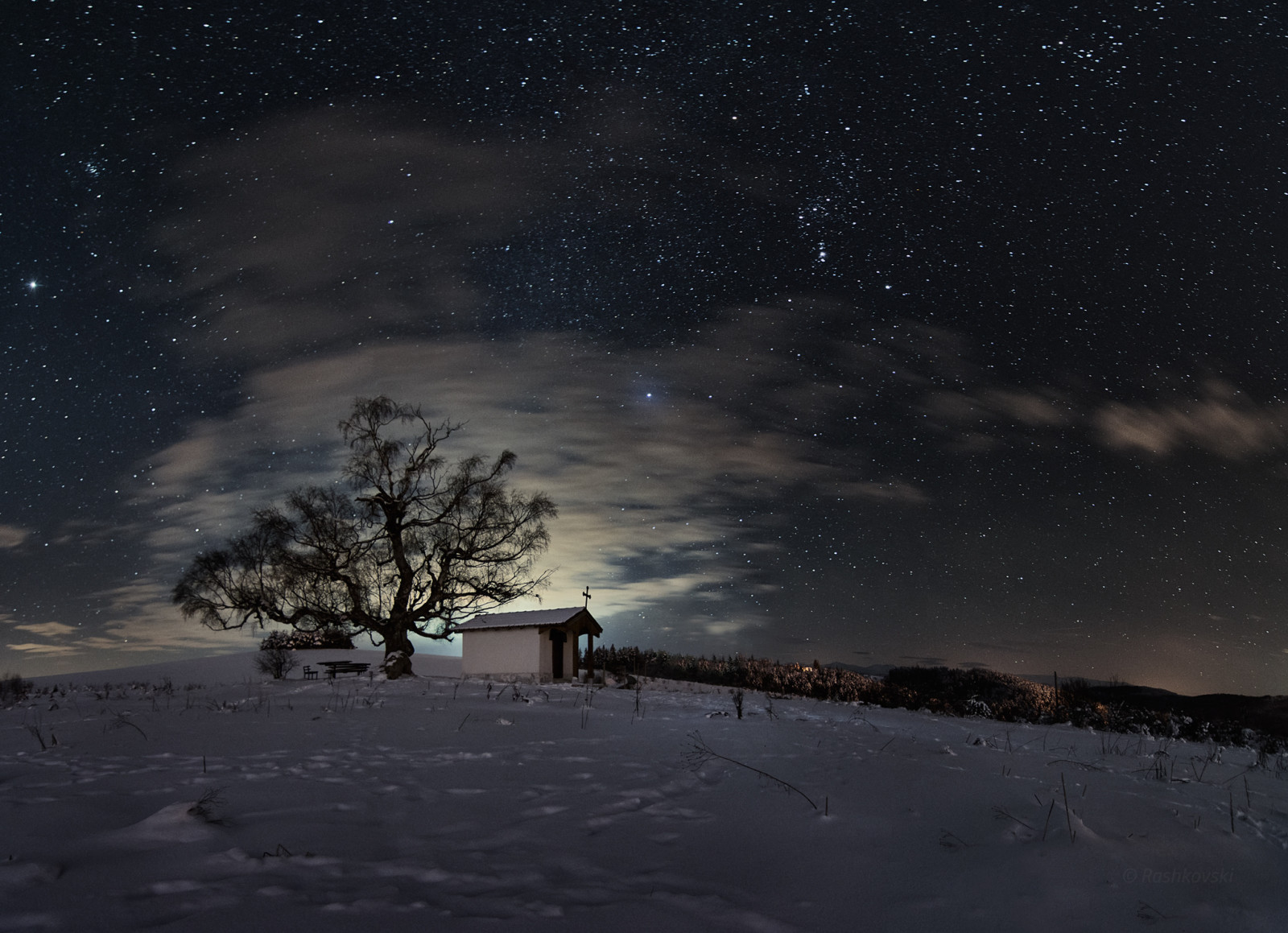 雪, 树, 天空, 冬季, 领域, 晚, 星星, 教堂
