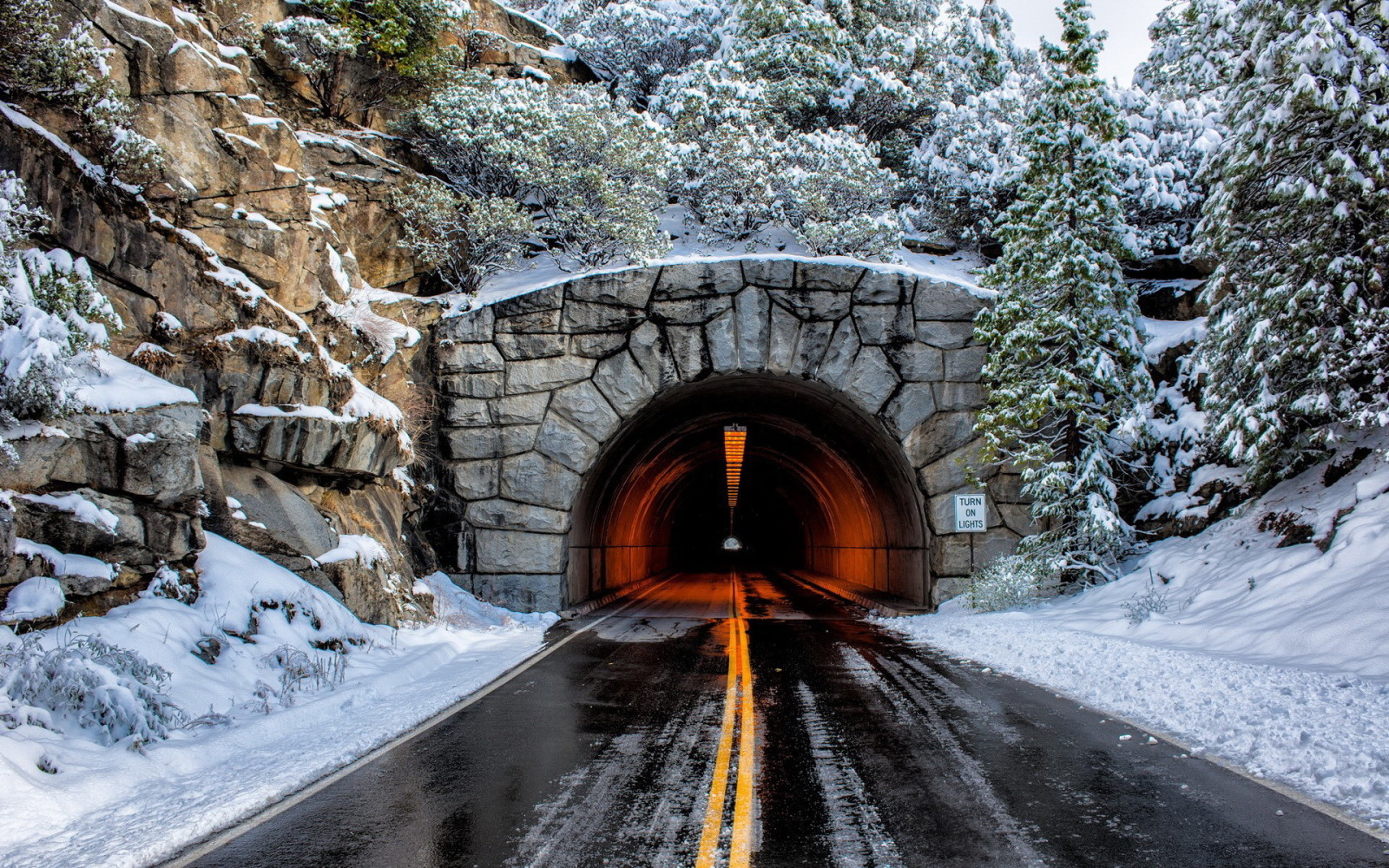 雪, トンネル, 舗装, 黄色の線