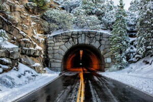 舗装, 雪, トンネル, 黄色の線