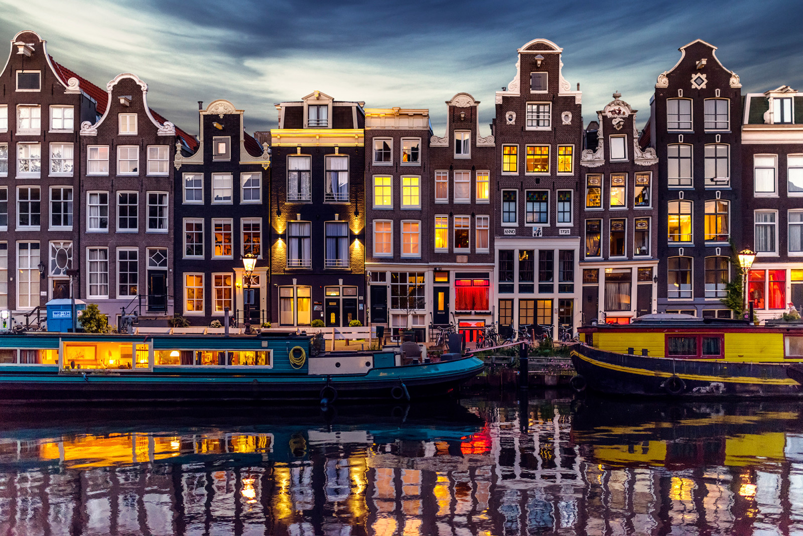 城市, 晚上, 渠道, 灯, 家, 阿姆斯特丹, 荷兰