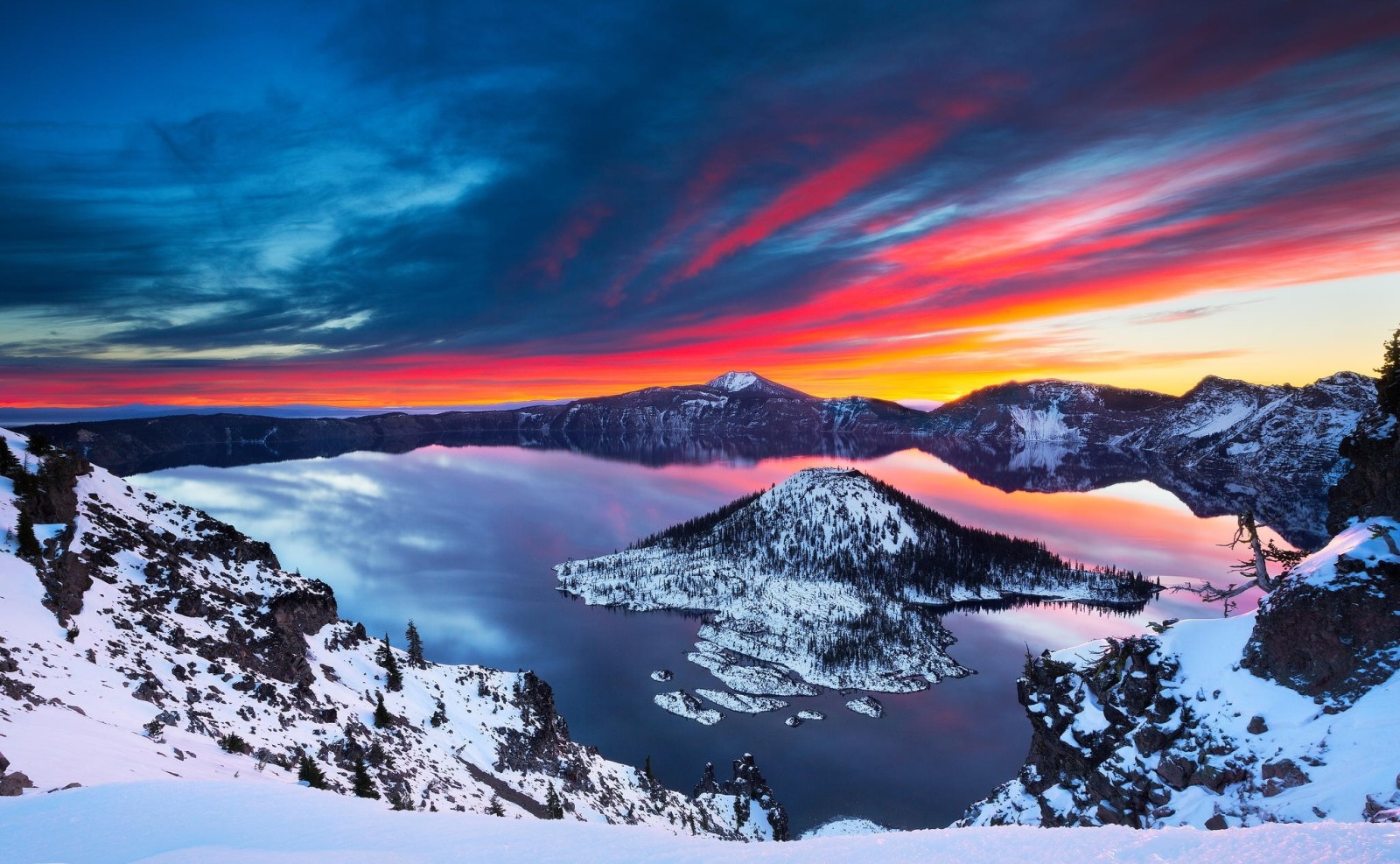 雪, 湖, 冬, 風景, 日の出, クレーターレイク