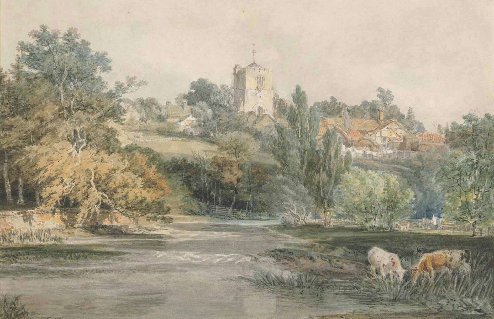 rumah, sungai, pemandangan, gambar, cat air, bukit, William Turner, Surrey