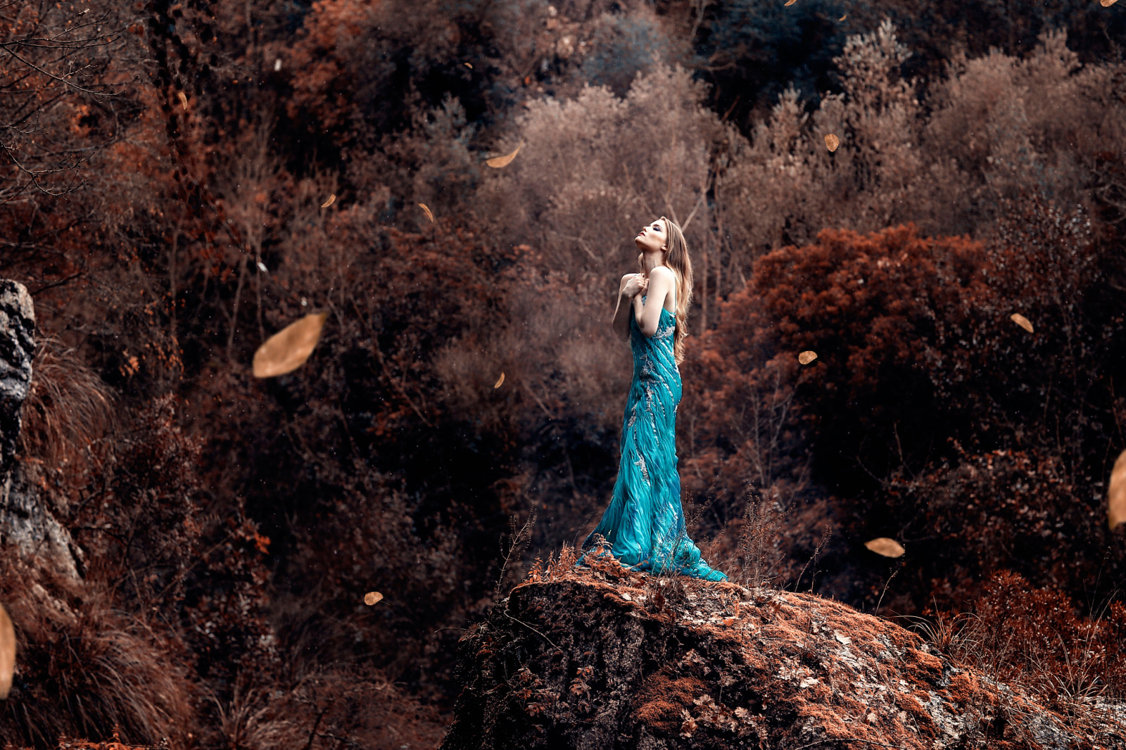 女孩, 树叶, 连衣裙, 风, 亚历山德罗·迪·西科（Alessandro Di Cicco）, 光射线