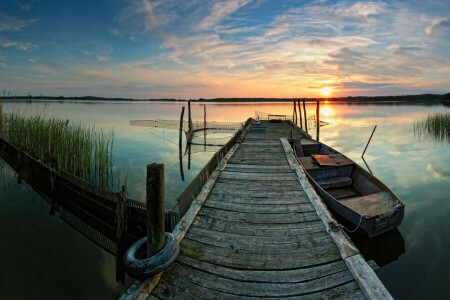 ボート, 湖, 橋脚, 反射, 日没