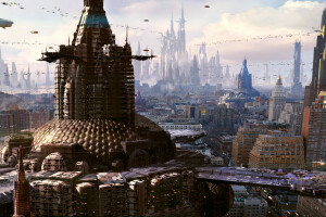 masa depan, megapolis, memberikan, gedung pencakar langit, kota