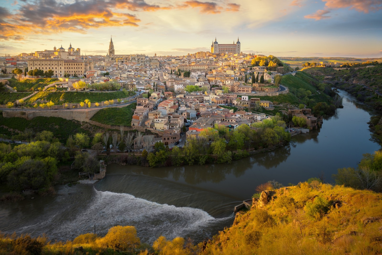 sungai, rumah, panorama, bangunan, Spanyol, Sungai Tagus, Toledo, sungai Tagus