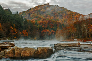 가을, 구름, 숲, 산, 강, 돌, 하늘