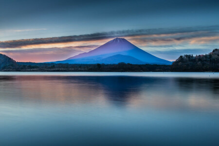 富士山, 日本, 湖, 風景, 山, 表面, 空, 木