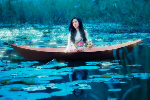 アジア人, ボート, 女の子, 湖