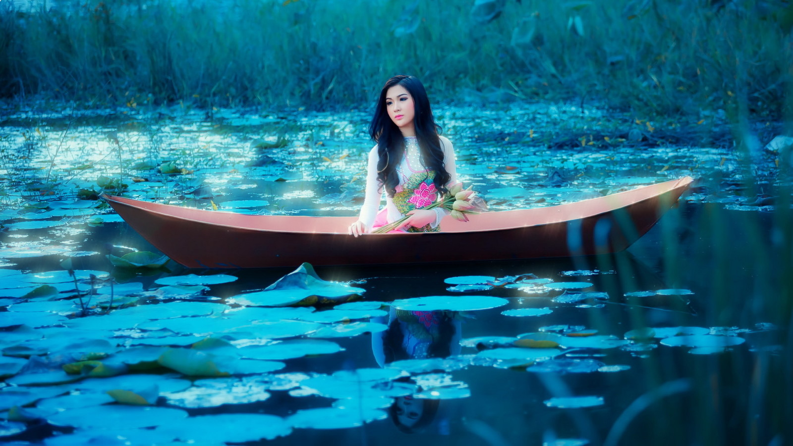 湖, 女の子, ボート, アジア人