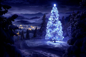 クリスマス, ホーム, 風景, ライト, 山, 自然, 新年, 夜